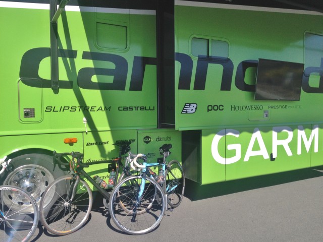 Our bikes hanging out at the team bus. Lance was probably jealous.