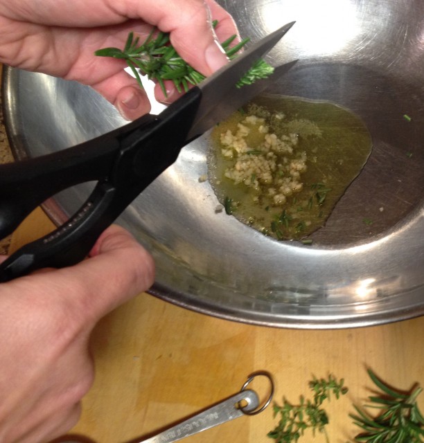 Snipping Rosemary in Oil for Beet Chips